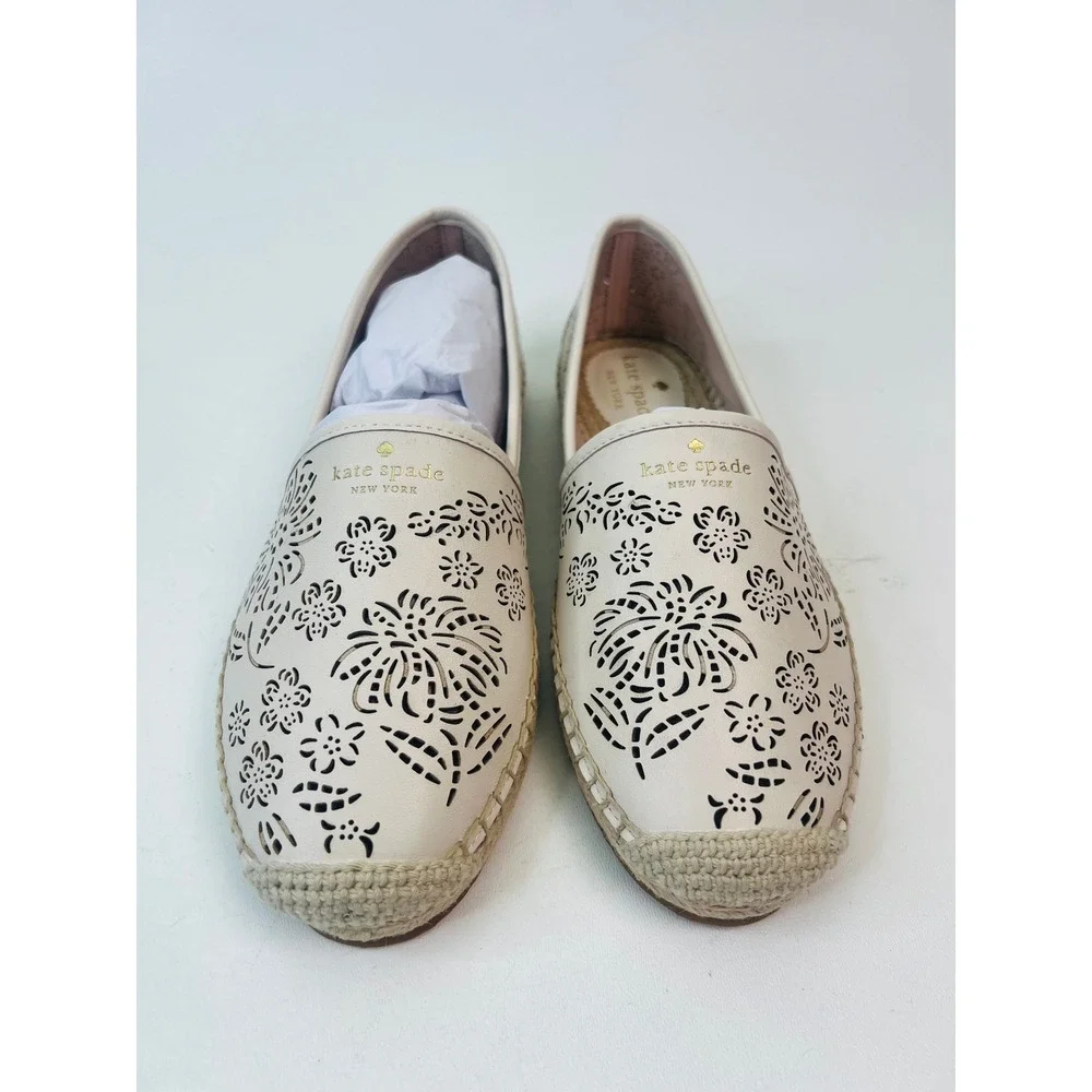 Kate Spade Gwen‎ Floral Flutter Espadrille Flats Parchment Leather Womens 8B